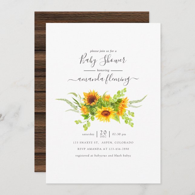 Invitation Russe aquarelle Baby shower de tournesols de Bohêm (Devant / Derrière)