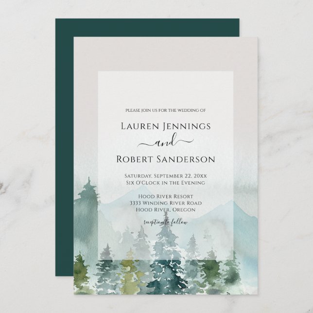 Invitation Russe Aquarelle Forêt Pin Mariage (Devant / Derrière)