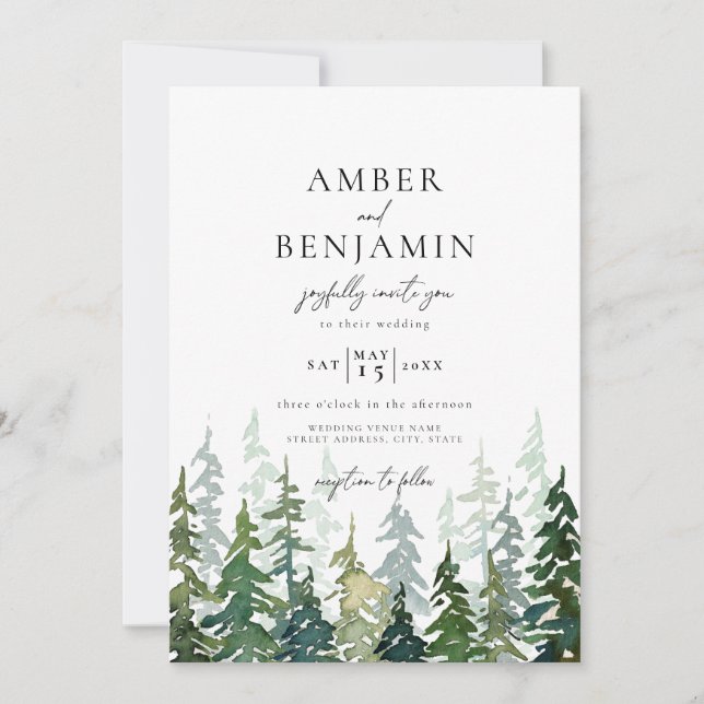 Invitation Russe Aquarelle Mariage forestier (Devant)