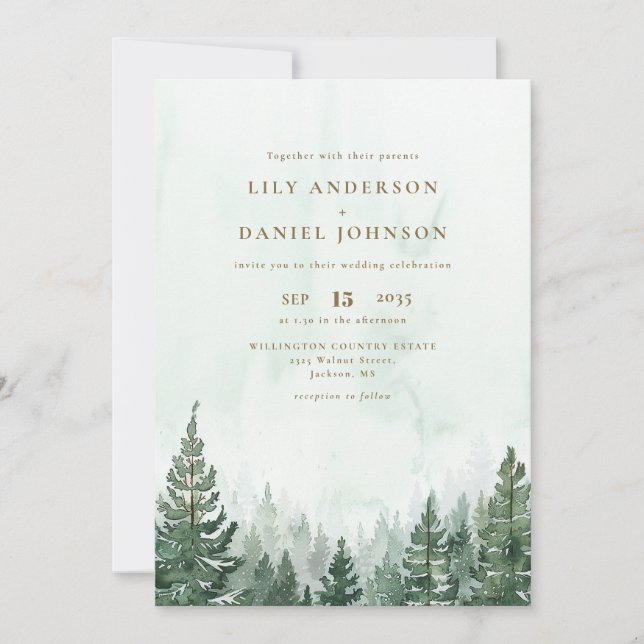 Invitation Russe Aquarelle Pine Tree Forest QR Code Mariage (Devant)