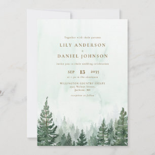 Invitation Russe Aquarelle Pine Tree Forest QR Code Mariage