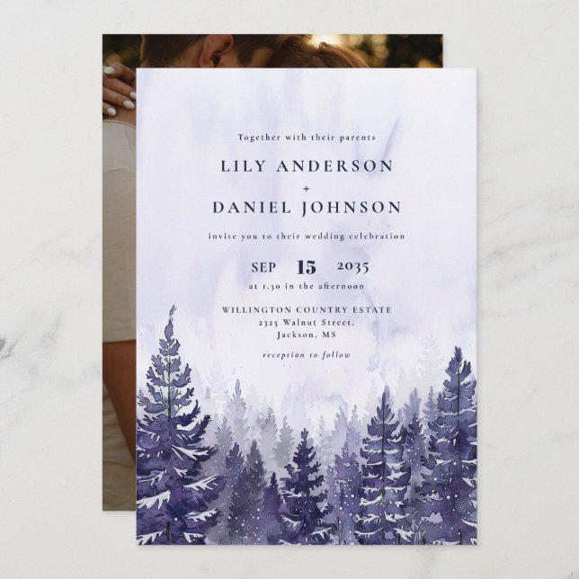 Invitation Russe Aquarelle Purple Pine Forest Mariage photo (Devant / Derrière)