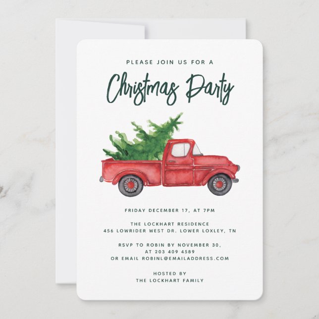Invitation Russe Aquarelle Rouge Camion Noël (Devant)