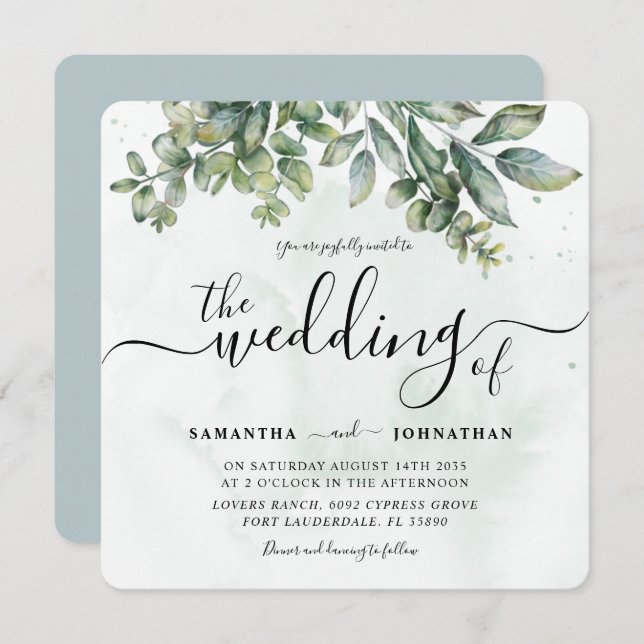 Invitation Russe Aquarelle Sage Vert Eucalyptus Mariage dans (Devant / Derrière)