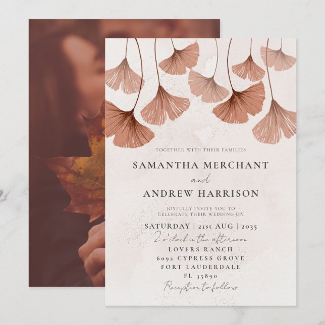 Invitation Russe aquarelle Terracotta Ginkgo Mariage (Devant / Derrière)