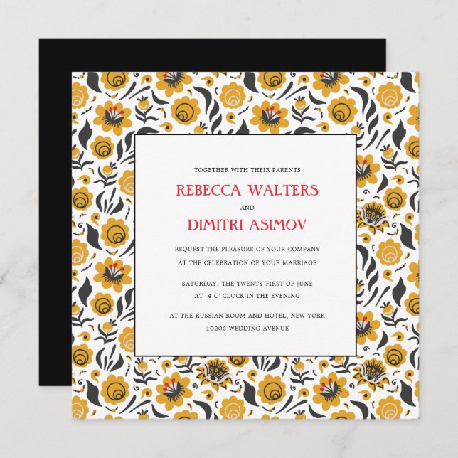 Invitation Russe Art populaire Jaune Fleurs Mariage (Devant / Derrière)