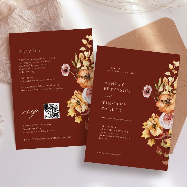 Invitation Russe Automne Floral Boho Maroon Mariage QR (Créateur téléchargé)
