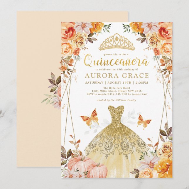 Invitation Russe Automne Floral Quinceañera Mis Quince Anos (Devant / Derrière)