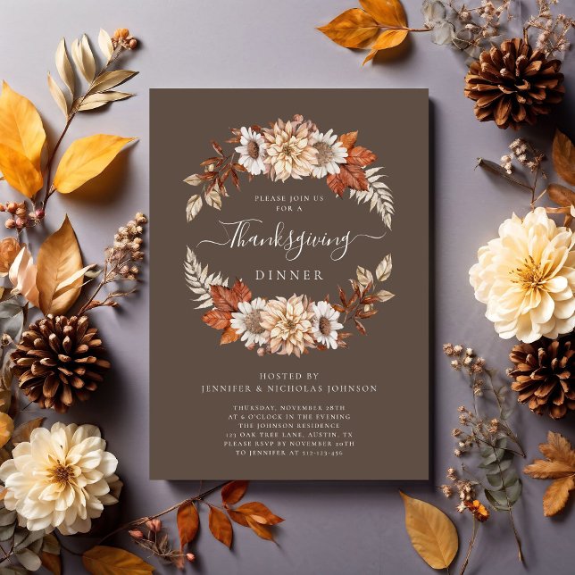 Invitation Russe Automne Floral Thanksgiving Dîner (Rustic Brown Fall Floral Thanksgiving Dinner Invitation)