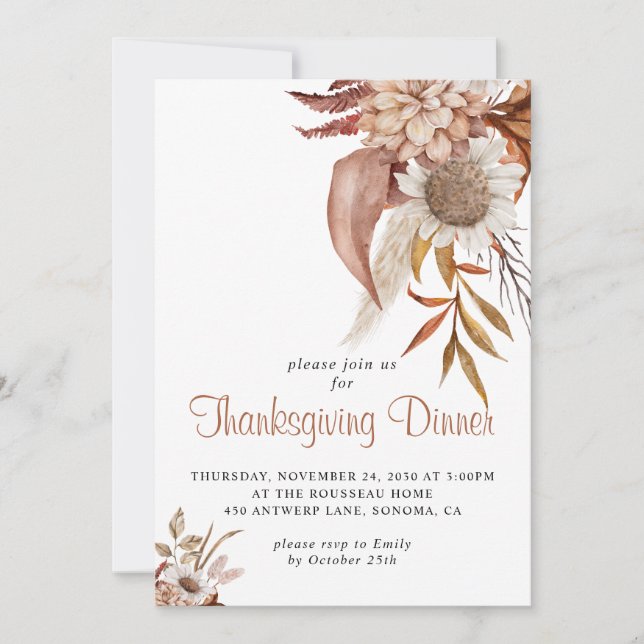 Invitation Russe Automne Terracotta Floral Thanksgiving Invi (Devant)