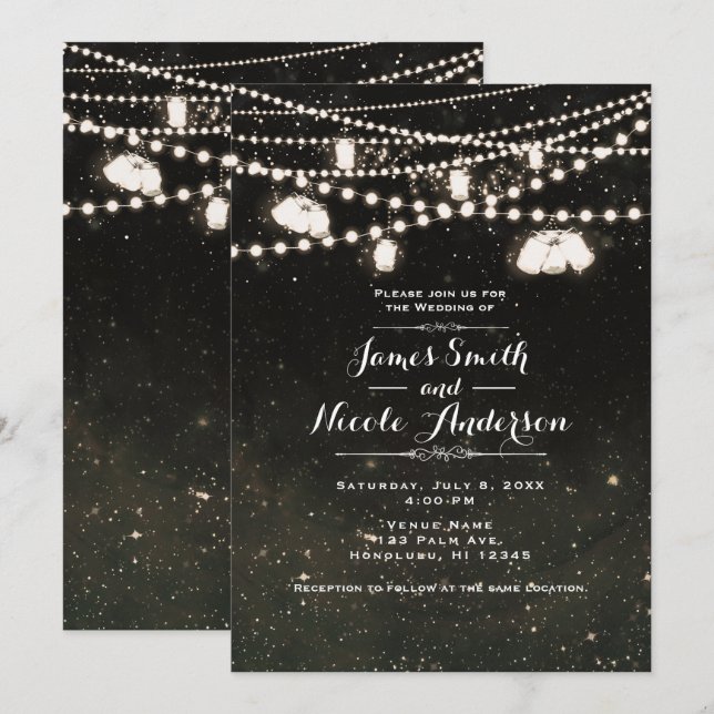Invitation Russe Black Night Sky Mason Jar Lumières Mariage (Devant / Derrière)