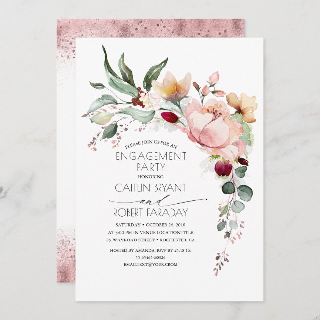 Invitation Russe Bloom Boho Pink Gold Engagement Party (Devant / Derrière)