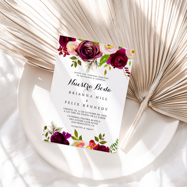 Invitation Russe Blush Bourgogne Floral Nuestra Boda Mariage (Créateur téléchargé)