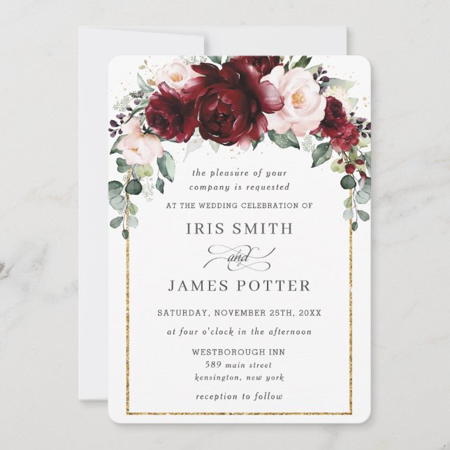 Invitation Russe Blush Bourgogne Floral Rose Arch Mariage (Devant)