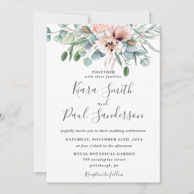 Invitation Russe Blush Dusty rose Floral Mariage Eucalyptus (Devant)