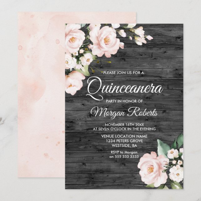 Invitation Russe Blush Pink & White Floral Quinceanera Party (Devant / Derrière)