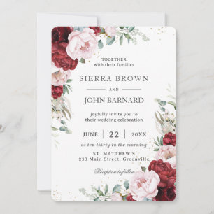 Invitation Russe Boho Bourgogne Blush Peonies Floral