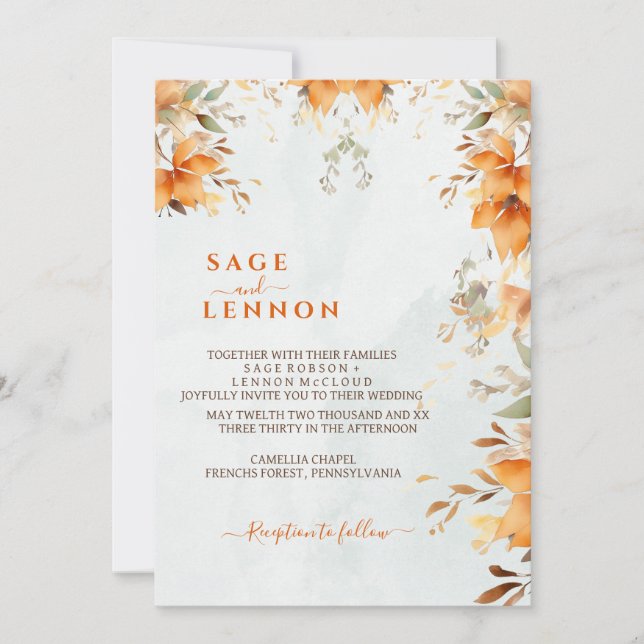 Invitation Russe Boho orange Aquarelle Bleu Mariage (Devant)