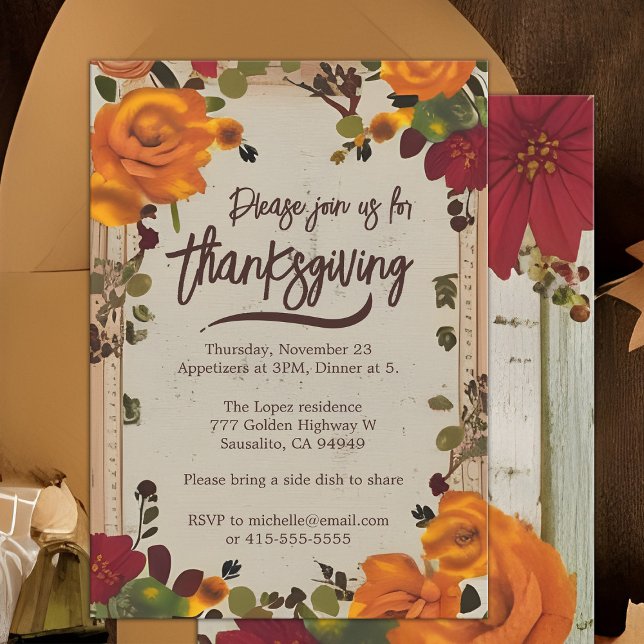 Invitation Russe Boho Orange Automne Floral Thanksgiving Dîne (Boho floral border Thanksgiving dinner party invitation with orange roses)