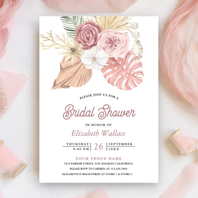 Invitation Russe Boho Palm Dusty rose Roses Fête des mariées (Créateur téléchargé)