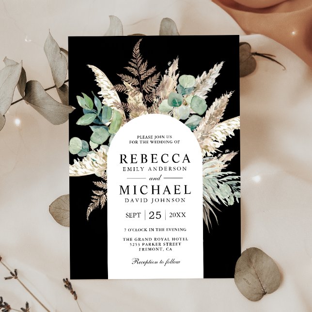 Invitation Russe Boho Pampas Eucalyptus Arch Mariage noir (Créateur téléchargé)