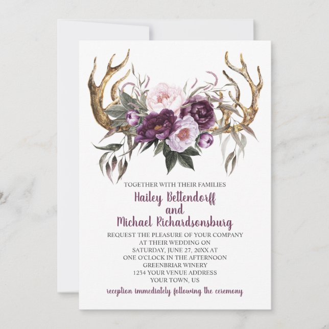 Invitation Russe Boho Purple Plum Peonies Antlers Mariage (Devant)
