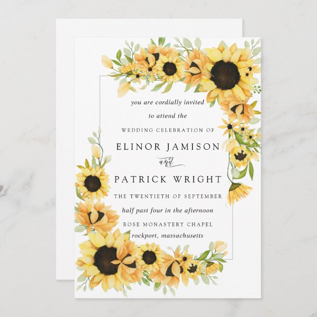 Invitation Russe Boho Yellow Sunflower Mariage d'été (Devant / Derrière)