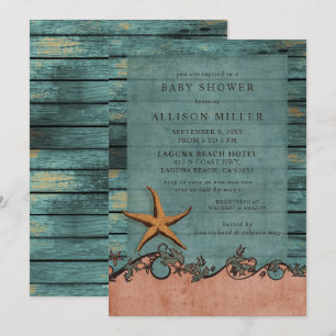 Invitation Russe Bois Bleu Corail Starfish Baby shower de pla