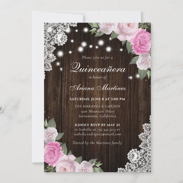 Invitation Russe Bois Blush rose Floral Quinceañera (Devant)