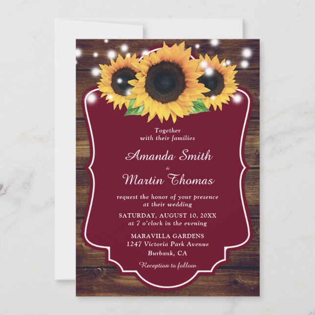 Invitation Russe Bois Bourgogne Mariage de tournesol (Devant)