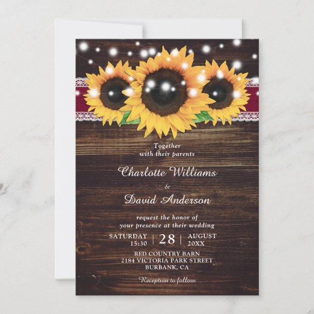 Invitation Russe Bois Burlap Tournesol Bourgogne Mariage (Devant)