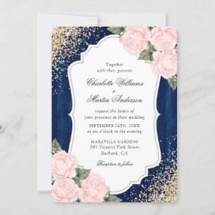 Invitation Russe Bois Marine Bleu Blush Rose Confetti Mariage