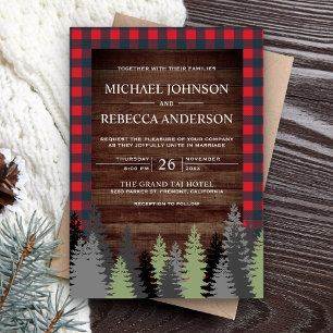 Invitation Russe Bois Rouge Buffalo Plaid Mariage À feuillage