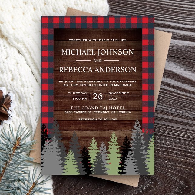 Invitation Russe Bois Rouge Buffalo Plaid Mariage À feuillage (Créateur téléchargé)