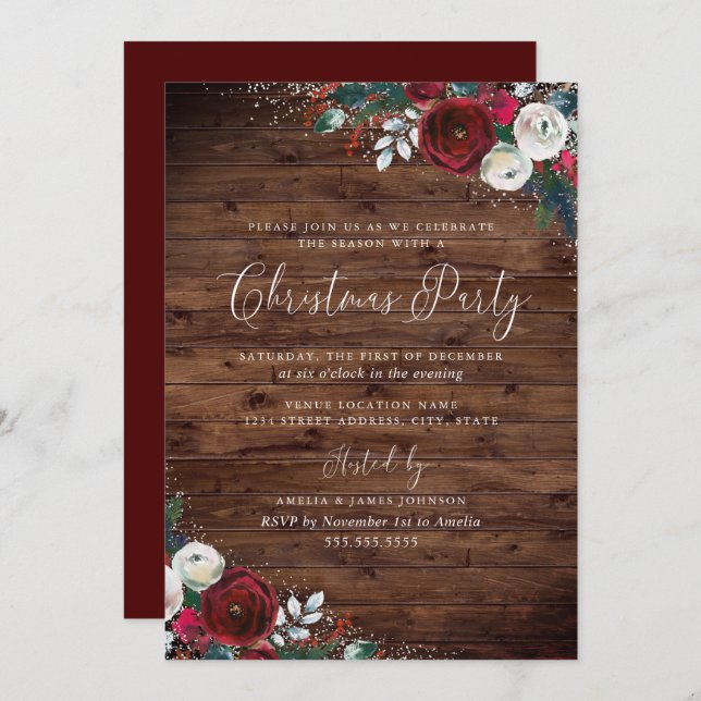 Invitation Russe Bourgogne Aquarelle Florale Neige Noël (Devant / Derrière)