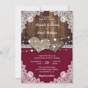Invitation Russe Bourgogne Grange Bois Burlap Mariage dentell