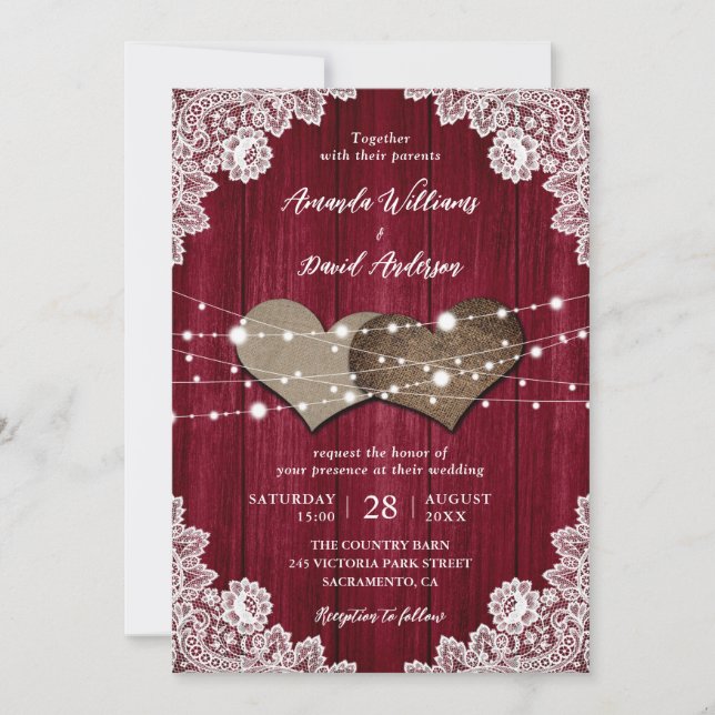 Invitation Russe Bourgogne Mariage de dentelle Burlap (Devant)