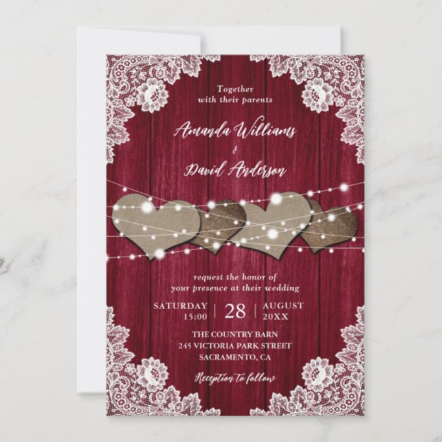 Invitation Russe Bourgogne Mariage de dentelle Burlap (Devant)