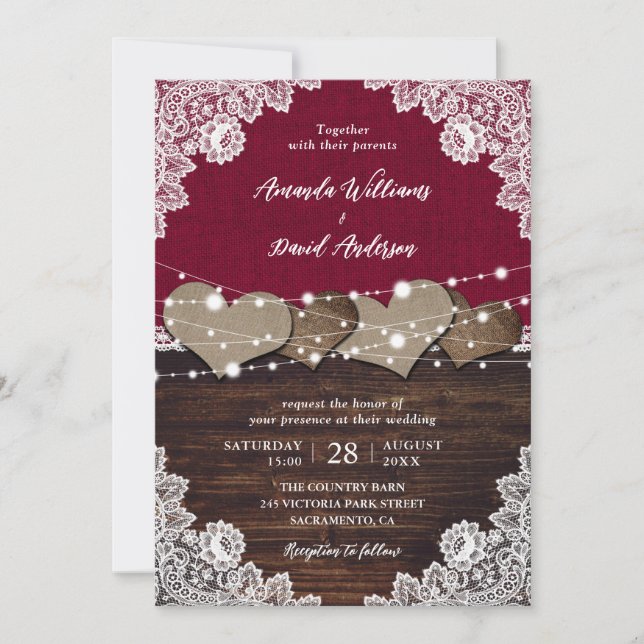 Invitation Russe Bourgogne Mariage de dentelle Burlap (Devant)