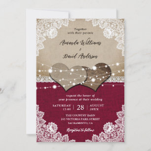 Invitation Russe Bourgogne Mariage de dentelle Burlap