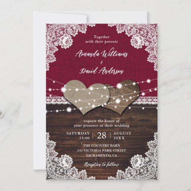 Invitation Russe Bourgogne Mariage de dentelle Burlap (Devant)