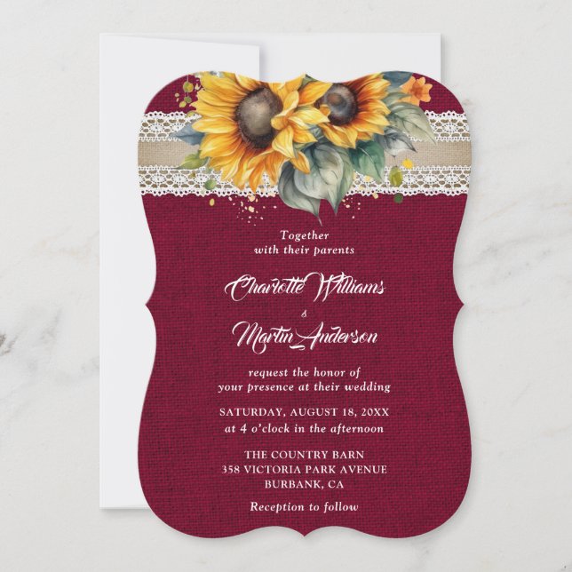 Invitation Russe Bourgogne Mariage de dentelle de Burlap (Devant)