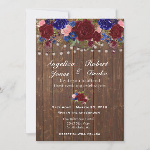 Invitation Russe Bourgogne Marine Aquarelle Bois Rose Mariage