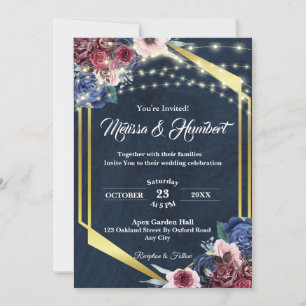 Invitation Russe Bourgogne Marine Bleu Or Mariage géométrique