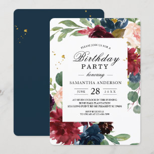 Invitation Russe Bourgogne Marine Bleu & Rouge Cadre Floral