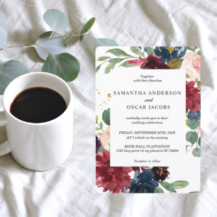 Invitation Russe Bourgogne Marine Bleu & Rouge Cadre Floral