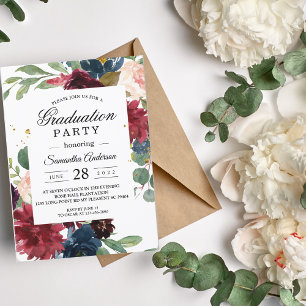 Invitation Russe Bourgogne Marine Bleu & Rouge Cadre Floral