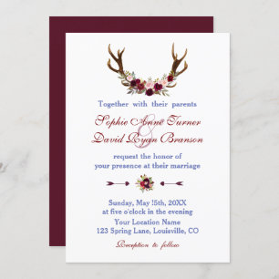 Invitation Russe Bourgogne Marsala Floral Antlers Mariage