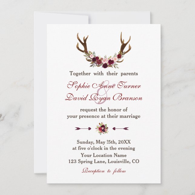 Invitation Russe Bourgogne Marsala Floral Antlers Mariage (Devant)