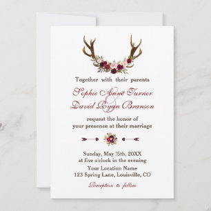 Invitation Russe Bourgogne Marsala Floral Antlers Mariage